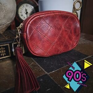 Vintage 90s Brave Leather Red Quilted Belt Bag Crossbody Tassel Leather Small